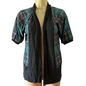 Poison Ivy Gray & Aqua Plaid Knit Open Front Cardigan Top Juniors Size Medium
